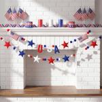 Mindsoft 2 Pcs American Anniversary Felt Banner 250th Patriotic 4th of July USA Pom Pom Garland Star Flag Red Blue White Garland Hanging Ball Ornaments for Independence Memorial Party Decoration