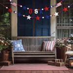 Mindsoft 2 Pcs American Anniversary Felt Banner 250th Patriotic 4th of July USA Pom Pom Garland Star Flag Red Blue White Garland Hanging Ball Ornaments for Independence Memorial Party Decoration