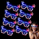 Funtery 8 Pack 4th of July Light up Glasses Red White and Blue American Party Favor LED USA Patriotic Sunglass Bulk 250th Anniversary Star Glow Independence Glitter Flag Veteran Memorial Photo Prop