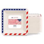 [50 COUNT]Harvest Pack PFAS FREE 6.5-inch American Flag Patriotic Party Disposable Compostable Square Paper Plates, July Fourth Natural Bagasse Square Plates, From Eco-Friendly Sugarcane Plant Fibers