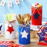 Domensi 12 Pcs Memorial Day Table Centerpieces Patriotic Vases Red White and Blue Decor Galvanized Metal Vase for Flower Mason Jars Utensil Holder for Kitchen Home 4th of July Memorial Day Decorations
