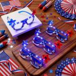 Funtery 8 Pack 4th of July Light up Glasses Red White and Blue American Party Favor LED USA Patriotic Sunglass Bulk 250th Anniversary Star Glow Independence Glitter Flag Veteran Memorial Photo Prop