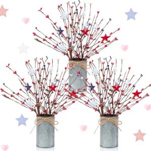 SiliFine 3 Sets Patriotic Centerpieces for Tables Red White Blue 250th Anniversary Decor Memorial Day 4th of July Include 15.75 Inches Artificial Berry Stem Picks Metal Flowers Vase for Home Office