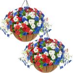 Hananona 2 Set Artificial Outdoor Flowers with Hanging Basket, 2 Hanging Planters with 24 Pcs Patriotic Flowers for Summer Front Porch Patio 4th ofJuly Decor (2, Red, White, Blue)