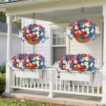 Hananona 2 Set Artificial Outdoor Flowers with Hanging Basket, 2 Hanging Planters with 24 Pcs Patriotic Flowers for Summer Front Porch Patio 4th ofJuly Decor (2, Red, White, Blue)