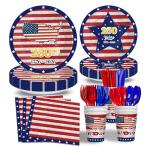 168Pcs 4th of July Independence Day Party Supplies, American Flag Patriotic Party Plates and Napkins, Cups, Knife and Fork for 250th Anniversary and Memorial Day Celebration, Serves 24 Guests