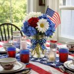 Rivvlive 8 Pcs Red White Blue Artificial Flower Patriotic Decoration 4th of July Flower 250th Anniversary Table Centerpiece Rose Hydrangea Daisy for Memorial Independence Day Home Office Table Decor