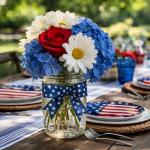 Rivvlive 8 Pcs Red White Blue Artificial Flower Patriotic Decoration 4th of July Flower 250th Anniversary Table Centerpiece Rose Hydrangea Daisy for Memorial Independence Day Home Office Table Decor