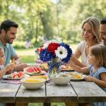 Rivvlive 8 Pcs Red White Blue Artificial Flower Patriotic Decoration 4th of July Flower 250th Anniversary Table Centerpiece Rose Hydrangea Daisy for Memorial Independence Day Home Office Table Decor