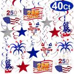 40 Pcs USA 250th Anniversary 4th of July Decorations Patriotic Party Supplies, Fourth of July Hanging Swirls with Americans Flag/Stars, Red White and Blue July 4th Independence Day Hanging Decorations