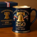 250 Years of America Navy Blue Ceramic Diner Mug - Patriotic 1776-2026 American Flag Anniversary Liberty Bell Design - Ceramic Coffee Mug, American Flag 1776-2026 Patriotic Keepsake, 12oz