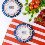 Jinei 4 Pcs 10 Inch 4th of July China Plates Patriotic American Flag Independence Day Ceramic Flat Dinner Dessert Plates for Fourth of July Memorial Day Veterans Party Dinnerware Decorations Supplies