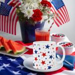 Whaline Patriotic Mug Ceramic Drinking Cup Red Blue Silver Star Coffee Mug for Independence Day 4th of July Supplies Table Centerpieces, 12 Oz
