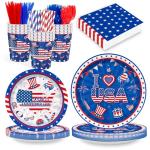 4th of July Disposable Party Tableware Serves 24, Patriotic USA 250th Anniversary Decorations, 168PCS Red White Blue Plates Cups Napkins Cutlery Set for Independence Day & Birthday Party Supplies