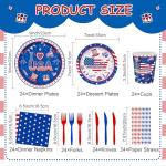 4th of July Disposable Party Tableware Serves 24, Patriotic USA 250th Anniversary Decorations, 168PCS Red White Blue Plates Cups Napkins Cutlery Set for Independence Day & Birthday Party Supplies