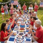 4th of July Disposable Party Tableware Serves 24, Patriotic USA 250th Anniversary Decorations, 168PCS Red White Blue Plates Cups Napkins Cutlery Set for Independence Day & Birthday Party Supplies