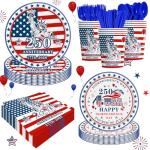 4th of July Party Supplies Set, Patriotic Theme Kit for Independence & Election Day Decorations, Includes Plates, Napkins, Cups, Patriotic & 4th of July Party Decorations-20 Guests (Light Blue)