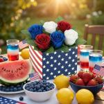 HTPARY Red White and Blue Patriotic Table Centerpiece Decor American Flag Box Decorations with 36 Artificial for 4th of July Memorial Day Home Party