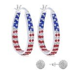 Silver Plated Oval Crystal Hoop Earrings - Patriotic Style