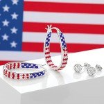 Silver Plated Oval Crystal Hoop Earrings - Patriotic Style
