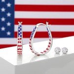 Silver Plated Oval Crystal Hoop Earrings - Patriotic Style