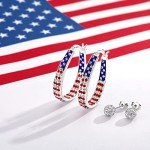 Silver Plated Oval Crystal Hoop Earrings - Patriotic Style