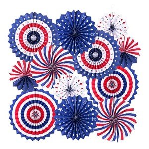 12 Red, White & Blue Hanging Paper Fans