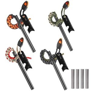 4 Pack Ferro Rod Fire Starter Flint Fire Starter Survival Tool Flint and Steel Fire Starter Kit 6-in-1, Portable Ferro Rod Striker with Paracord Handlead for Campfires Survival Emergency Kit