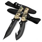 Mossy Oak Fixed Blade Hunting Knife Set - 2 Piece, Full Tang Handle Straight Edge and Gut Hook Blades Game Processing Knife, Sheath Included - Yellow Camo