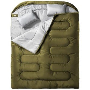 MEREZA Double Sleeping Bag for Adults Mens with Pillow, XL Queen Size for All Season Camping Hiking Backpacking 2/Two Person Sleeping Bags for Cold Weather & Warm Green