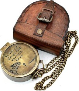 Nautical Hut Military Compass for Hiking and Survival- Waterproof Brass Pocket with Leather Carry Case & Chain Camping Hunting Climbing Exploring Geology Outdoor Activities, Brown, 2 inch