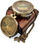 Nautical Hut Military Compass for Hiking and Survival- Waterproof Brass Pocket with Leather Carry Case & Chain Camping Hunting Climbing Exploring Geology Outdoor Activities, Brown, 2 inch
