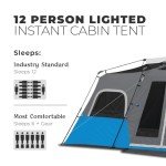 CORE 12 Person Instant Cabin Tent with LED Lights | Large 3 Room Family Lighted Pop Up Tent for 2 Minute Camp Setup | Included Storage Pockets for Camping Accessories