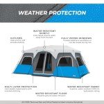 CORE 12 Person Instant Cabin Tent with LED Lights | Large 3 Room Family Lighted Pop Up Tent for 2 Minute Camp Setup | Included Storage Pockets for Camping Accessories