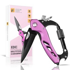 FUNBRO Pink Multitool Carabiner Knife, 6-in-1 Self Defense Keychain Multi Tools with Window Breaker, Bottle Opener and Screwdriver, EDC Gear Gadget for Women Mom Camping Hiking