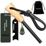 Ferro Rod Fire Starter Survival Tool – 3/8" Thick Fire Steel with 20,000 Strikes – Waterproof Flint and Steel Kit, Ferro Rod with Striker Wood Handle, Lanyard, Compass, and Emergency Whistle