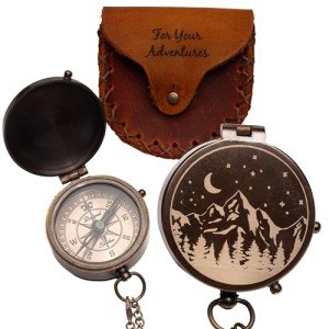 SFdizayn Antique Brass Compass with Leather Case - Mountains, Moon & Stars Engraved Pocket Compass for Men - Genuine Leather Pouch Stamped with 'For Your Adventures' - Vintage Gift for Husband, Father