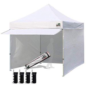 Eurmax USA 10 x 10 Pop up Canopy Commercial Tent Outdoor Party Canopies with 4 Removable Zippered Sidewalls and Roller Bag Bonus 4 Canopy Sand Bags & 24 Squre Ft Extended Awning(White)