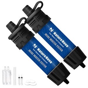 Mini Water Filter NatureNova Portable Emergency Water Filtration System Hiking Camping Straw Survival Gear Emergency Preparedness（Blue, 2 Pack)