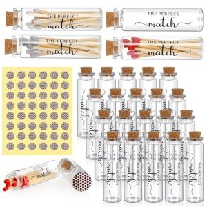 Chuangdi 24 Set Empty Matches Jars with Cork Top and 48 Striker Stickers Wedding Matches Favors Bulk Glass Match Holder with Striker for DIY Wedding Bridal Shower Party Favors Guests Gifts