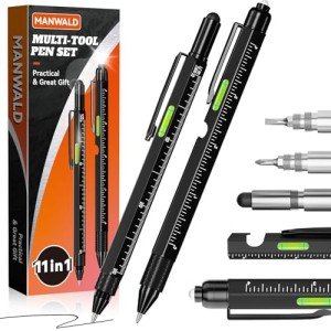 11-in-1 Multitool Pen Set with LED Light, Flathead & Phillips Screwdrivers, Level, Ruler, Bottle Opener, and Stylus, Gifts for Him Men Husband, Boyfriends, Gifts for Dad, Husband, Black