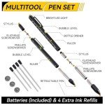 11-in-1 Multitool Pen Set with LED Light, Flathead & Phillips Screwdrivers, Level, Ruler, Bottle Opener, and Stylus, Gifts for Him Men Husband, Boyfriends, Gifts for Dad, Husband, Black