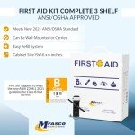 MFASCO OSHA/ANSI 2021 Class B Compliant First Aid Cabinet - Large 3-Shelf Wall Mount Kit for Office, Commercial Businesses - Complete Metal First Aid Box with Supplies - No Medications