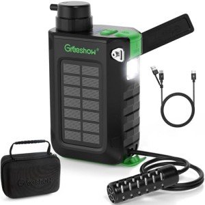 Greeshow Electric Portable Water Filter Camping with Solar Panel/Hand Crank/USB Charging/Emergency Light for Survival Hiking Backpacking Travel Outdoor, Phone Charger, GS-2811, 0.01 Micron 5-Stage