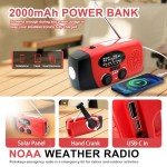 Hand Crank Emergency Radio, AM/FM/NOAA Weather Radio with 2000mAh/7400mWh Battery Operated, Solar Power Bank Radio Flashlight Cell Phone Charger, 4 Power Indicators, SOS Siren for Emergency Kit