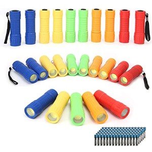 Whaply 30-Pack Small Mini Flashlight Set, 5 Colors, COB LED Handheld Flashlight with Lanyard,90-Pack AAA Battery Included for Kids/Night Reading/Party/Camping/Emergency/Hunting