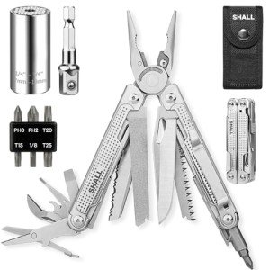SHALL Multi Tool, 18-in-1 Multitool Pliers, Stainless Steel Multi-tool Pocket Knife w/Screwdriver Bit & Universal Socket, Self-locking Multipurpose Tool w/Sheath for Camping Fishing Survival Hunting
