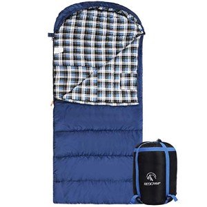 REDCAMP Cotton Flannel Sleeping Bag for Adults, XL 32/41/50F Comfortable, Envelope with Compression Sack Blue 3lbs (91"x35")