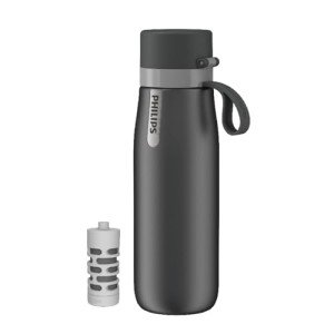 PHILIPS Filtered Water Bottle, Insulated Stainless Steel Water Purifier Bottle for Daily Life & Travel, BPA Free with GoZero Everyday Filter for Cleaner & Tastier Tap Water, Keeps Cold, 18.6 oz Gray