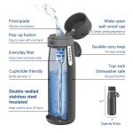 PHILIPS Filtered Water Bottle, Insulated Stainless Steel Water Purifier Bottle for Daily Life & Travel, BPA Free with GoZero Everyday Filter for Cleaner & Tastier Tap Water, Keeps Cold, 18.6 oz Gray